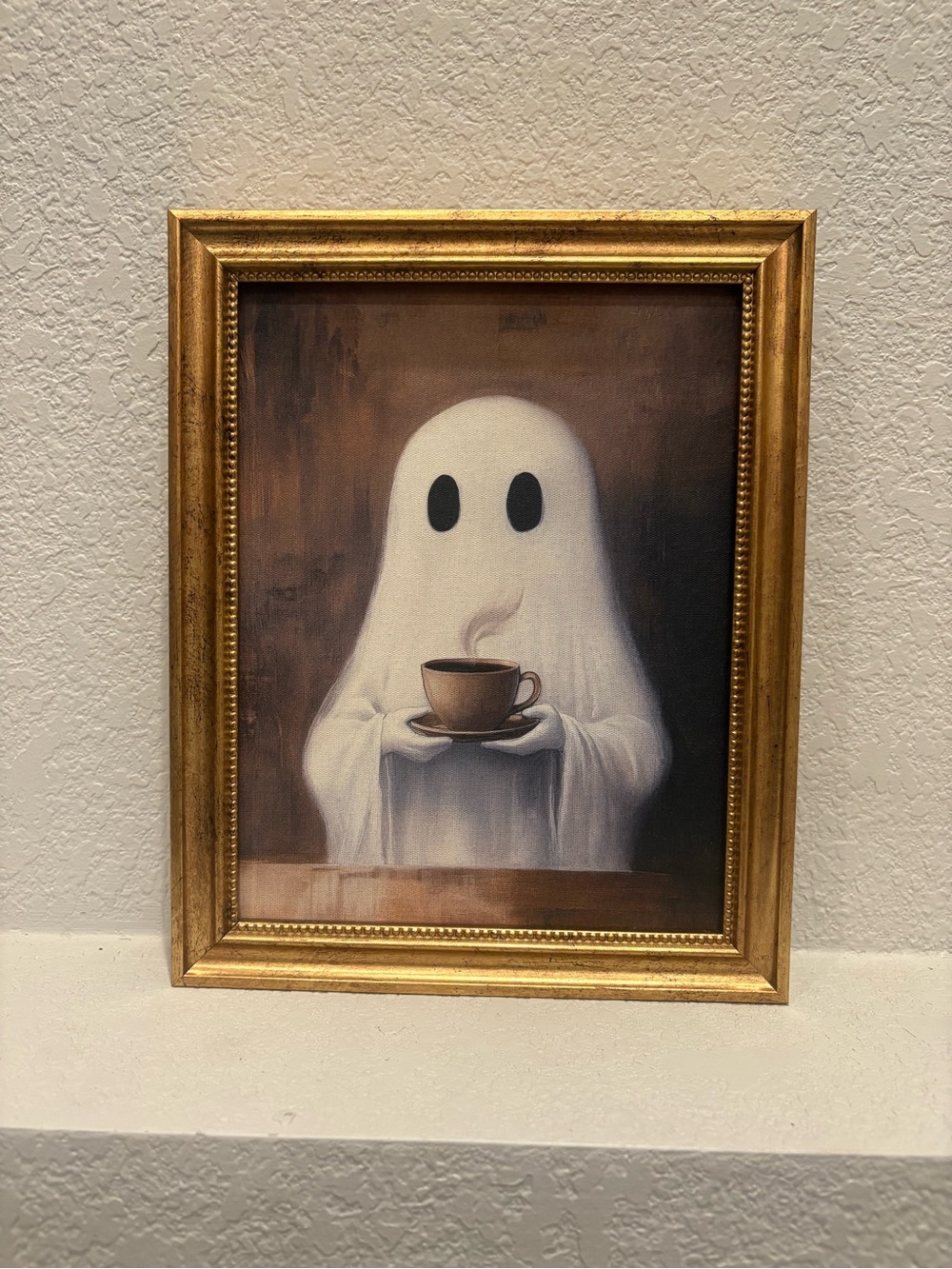 White Ghost with Coffee Framed Wall Art - White